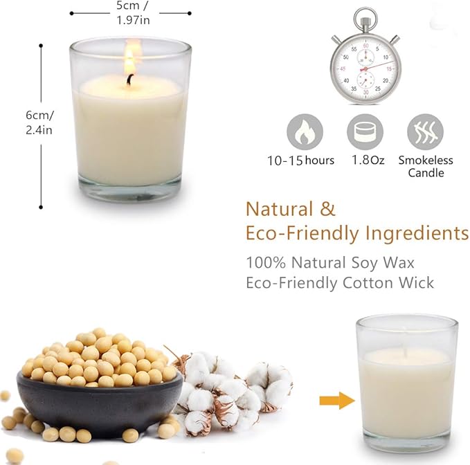 20 Packs Unscented White Votive Candles in Glass, Small 2 Inch Natural Soy Wax Non-Toxic Plain Clean Burning Candles for Wedding Table Home Spa Holidays Party