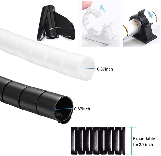 Cable Management Sleeves Desk Cord Organizer Cover Black White with 4 Adhesive Cable Clips, VIWIEU 2 PCS Cable Bundler Wire Wrap System for TV/Computer/Home Entertainment