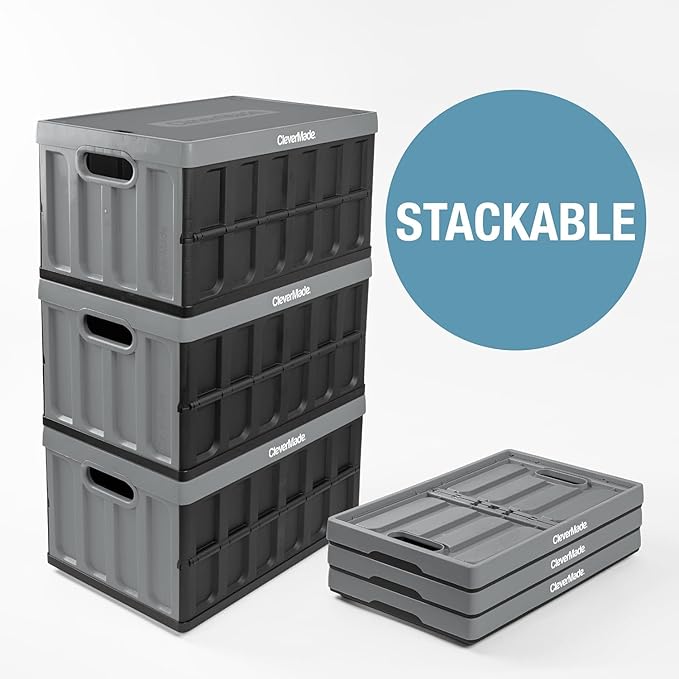 CleverMade Collapsible Storage Bins with Lids (46L, 3 Pack) – Stackable Foldable Plastic Storage Crates for Home, Closet & Trunk Organization - Stone
