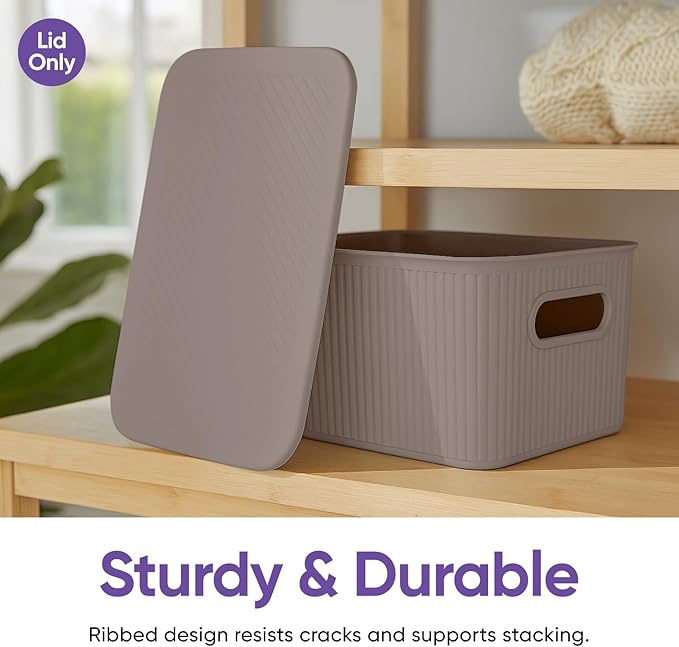 Superio Ribbed Collection Lid for Decorative Plastic Basket Open Home Storage Bins Organizer Baskets, Medium Taupe - for Organizing Closet Storage Bins for Shelves Drawer Shelf 5 Liter