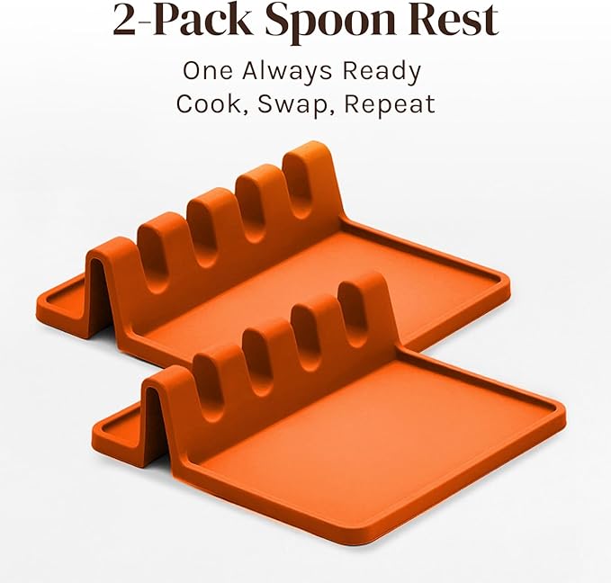 Cooler Kitchen Orange Silicone Spoon Rest for Stove Top with Drip Pad (Two Pack) - Heat Resistant BPA Free Utensil Rest & Spoon Holder for Kitchen Counter - Grill Utensil Holder - Spatula Holder