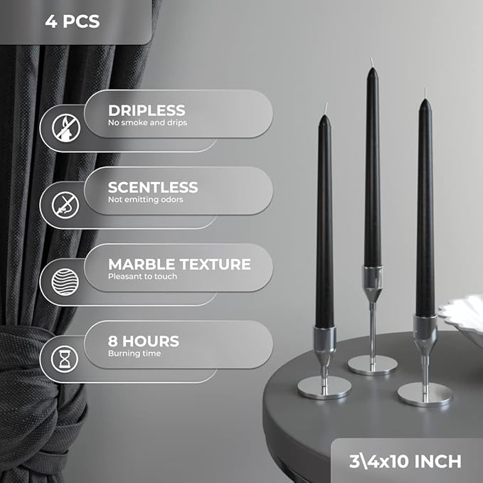 CANDWAX 10 inch Taper Black Candles Set of 4 — Dripless Tall Unscented Black Tapered Candle Sticks — Perfect for Household Decor, Dinner Centerpiece or Halloween Décor
