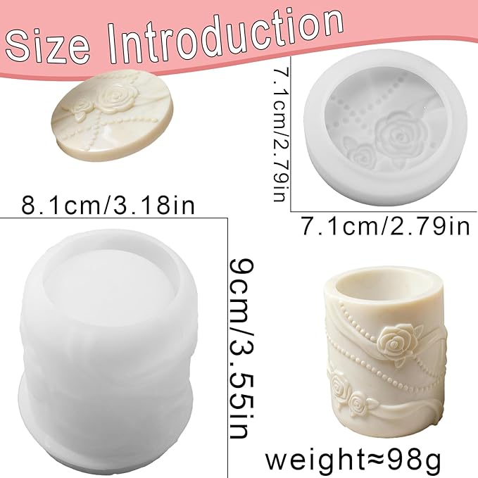 1 Pc Pearl Ribbon Rose Resin Jar Mold with Lid Delicate Cylindrical Flower Pot Candle Mold for Plaster Cement Concrete Epoxy DIY Home Decoration Jewelry Storage Box Candlestick Candy Jar
