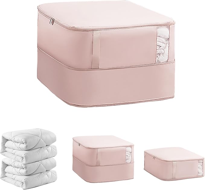Veki Comforter Storage Bag, Space Saving Self Compression Foldable Blanket Storage Bags, Closet Organizer With Handle and VisualiZation Window, Large Capacity 130L for Bedding, Clothes (Pink, L)