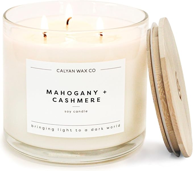 Calyan Wax Co. Mahogany & Cashmere 3 Wick Scented Candle - 43 Hour Burn - Luxury 3 Wick Soy Candles - Non Toxic Soy Wax Candles - Long Lasting Large Glass Jar Candle for Home - 14.9oz