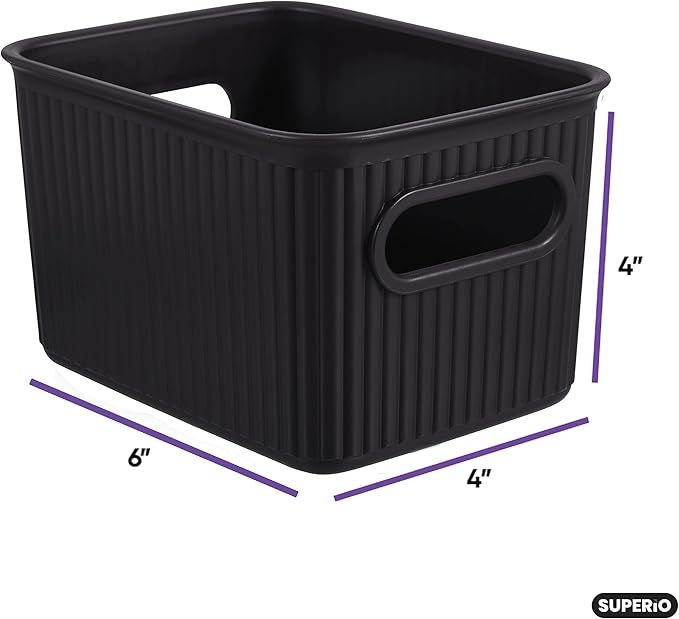 Superio Ribbed Collection - Decorative Plastic Basket Open Home Storage Bins Organizer, Small Brown (4 Pack) Container Boxes for Organizing Closet Storage Bins for Shelves Drawer Shelf 1.5 Liter