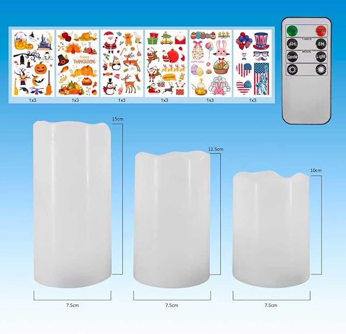 Seasonal Flameless Candle Kit – 3 Reusable Battery Operated Wax Candles with Remote & Timer & 18 Festival DIY Stickers Designed for Party Decor, July 4th, Halloween, Thanksgiving, Christmas & Easter