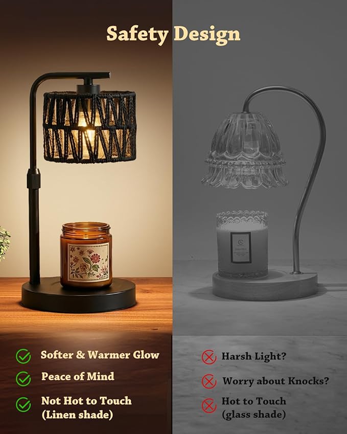 Candle Warmer Lamp, Timer Dimmable Candle Lamp, Adjustable Height and Brightness Candle Warmer, Black Boho Rattan Lampshade and 2 Bulbs, Suitable for Home Decor, Birthday Gifts for Women Mom