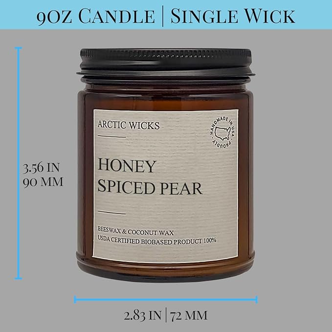 Arctic Wicks Scented Coconut Beeswax Candles | Coconut Beeswax Non Toxic Candle 9oz Amber | Farmhouse Candles Non-Toxic Clean Burn 100% USDA Certified Biobased (Honey Spiced Pear)