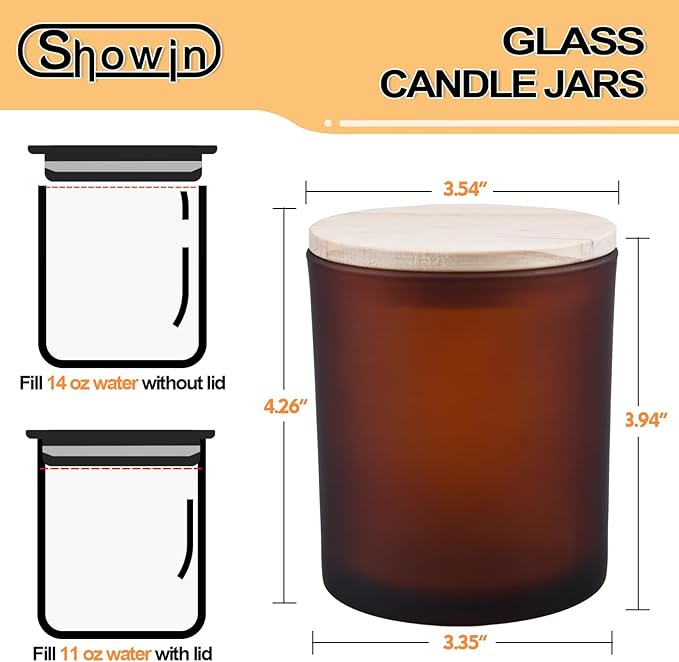 SHOWIN 14 OZ Thick Candle Jars for Making Candles 12 Pcs, 3 Wick Empty Jars with Wood Lids for Candle Making, Sample Container,Frosted Brown