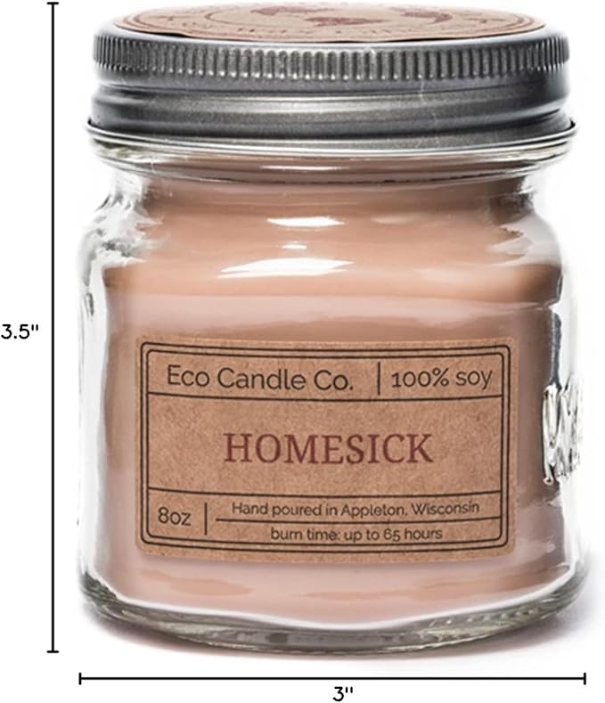 ECO CANDLE CO. Mason Jar Candle, Homesick, 8 oz. - Scents of Apples, Sugar, Butter, & Spices - 100% Soy Wax, No Lead, Kraft Label & Antiqued Pewter Lid, Hand Poured, Made from Midwest Grown Soybeans