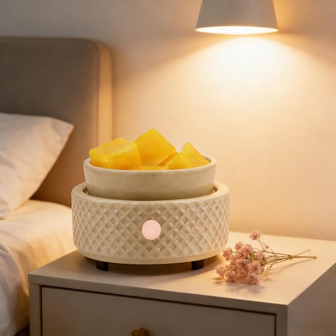 Wax Melt Burner Warmer with Timer Ceramic 4-in-1 Electric Candle Warmer Auto Shut-Off for Scented Wax Melts, Candle Jars, Essential Oil, Coffee Cup Warmer Home Decor Fragrance Gifts for Women - Beige