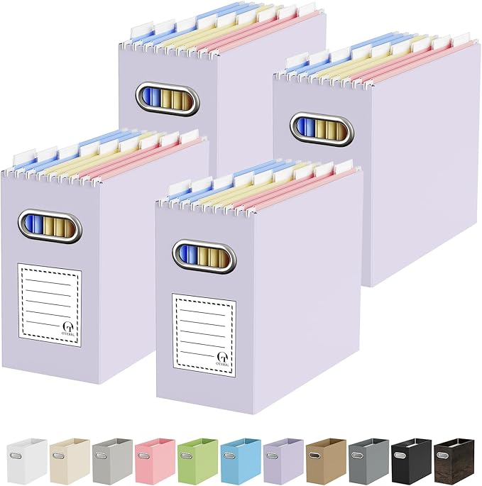 Oterri File Organizer Box, Portable Collapsible Cardboard File Folder Organizer with Handle for Letter Size Hanging Files, Document Storage Box for Home Office & Classroom (4 Packs, Purple)