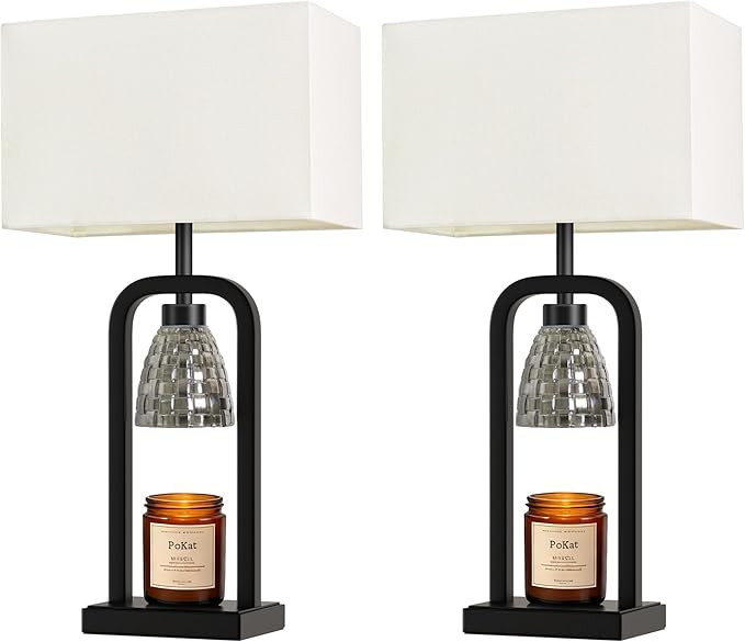 PoKat Bedside Table Lamps with Candle Warmer & Timer for Bedroom, Farmhouse Lamps Set of 2 for Night Stands, 21.5'' Bedroom Lamps Decor for Living Room, Side Table, Hallway, Bulbs Included, Black