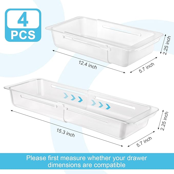 4 PCS Deep Drawer Organizer Bin Adjustable Sliding Drawer Organizers Clear Expandable Transparent Organizer Trays for Home Office Kitchen Makeup Storage Tools