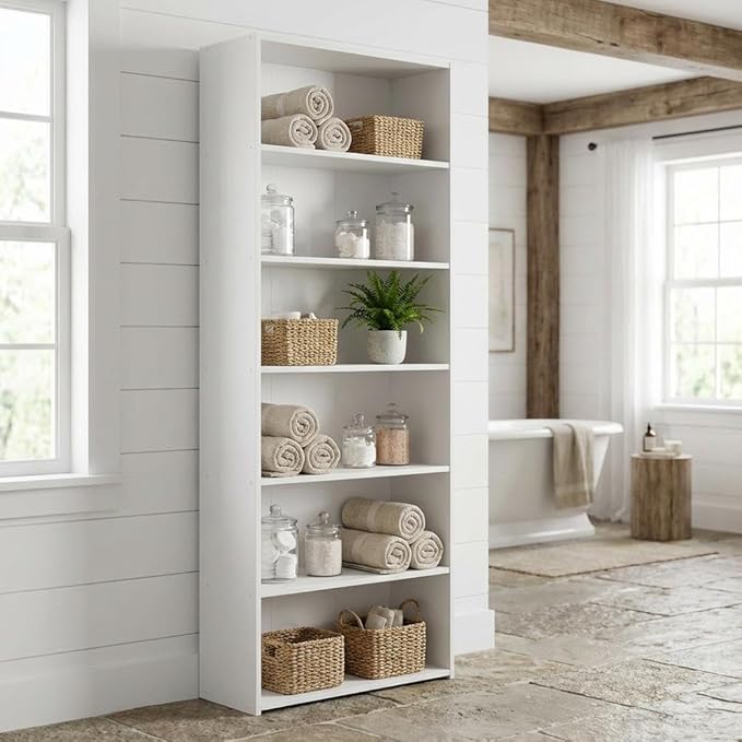 Furnifact White Bookcase with Sturdy Wood Construction, Traditional Design, Modern Storage Solution for Home or Office