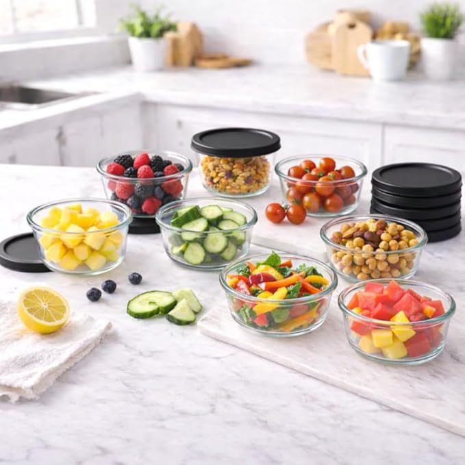 DURA LIVING 16-Piece Glass Food Storage Containers Set (8 Containers + 8 BPA-Free Lids) | 1-Cup, Leakproof | Microwave, Freezer, Oven & Dishwasher Safe | Ideal for Meal Prep & Pantry Organization