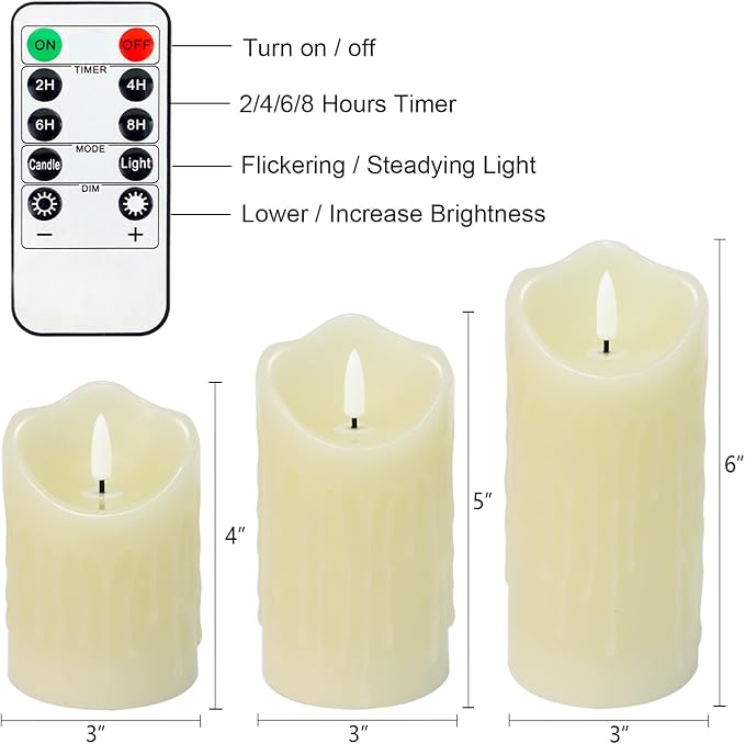 Rechargeable Flameless Candles, Flickering LED Candles with Remote and Timer, Long Lasting Ivory Real Wax Electric Pillar Candle for Christmas Home Wedding Decorations, Set of 3