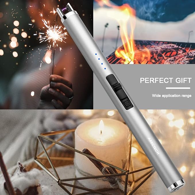 ARECTECH Rechargeable Electric Candle Lighter, Christmas Stocking Stuffers Gifts for Mom Men Wife, Arc Plasma Windproof Lighter for Candle Kitchen Birthday with Type-C Cable, Silver 2 Pack