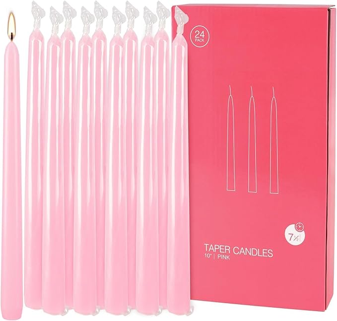 24-Pack 10 Inch Pink Taper Candles, Dripless & Unscented Decorative Candlesticks for Weddings, Romantic Dinners – Long-Burning for Centerpieces, Valentine's, Birthdays, Bridal Showers & Home Decor