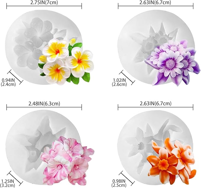 4PCS Flower Silicone Mold 3D Cute Flower Resin Candle Molds for Candle Making Sun Flowe Daffodils Petunia Plumeria Flowe Silicone Mold Resin Aromatherapy Gypsum Wax Soap Clay Craft