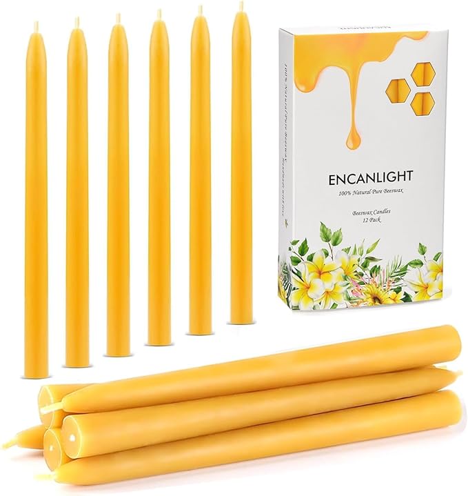 10 inch Pure Bee Waxs Candlestick Tapers 12 Pack,9 Hours Long Burning Beewaxs Taper Candles,Unscented Dripless and Smokeless,for Home Decor, Party, Wedding