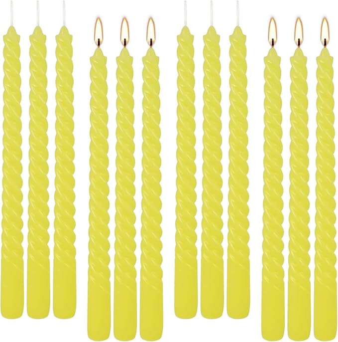 12-Piece Yellow Spiral Wax 10-inch Taper Candles -unscented smokeless, Tear-Free, Long-Lasting Burning Cotton Wick Suitable for Home,Party,Holiday Decorations