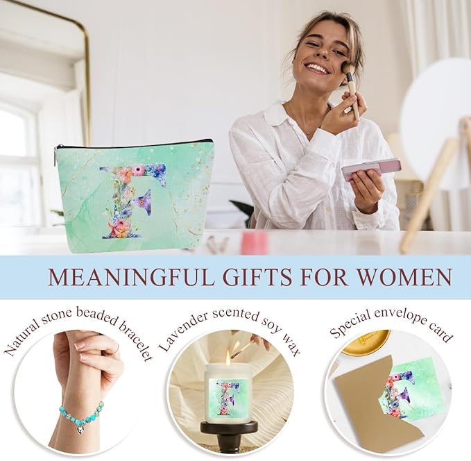 Personalized Gifts Monogrammed Birthday Gifts for Women, Aunt Grandma Retirement Christmas Initial Wine Tumbler Makeup Bag Scented Candle Bracelet Set, (Aesthetic Green Flower F)