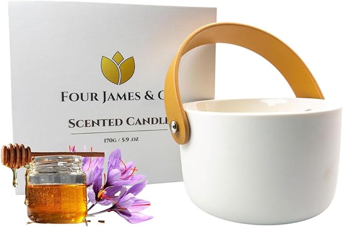 FOUR JAMES & CO Luxury Highly Scented Premium Eco-Friendly Soy Wax 6oz Candles in Modern Giftable Box (Honey & Crocus)