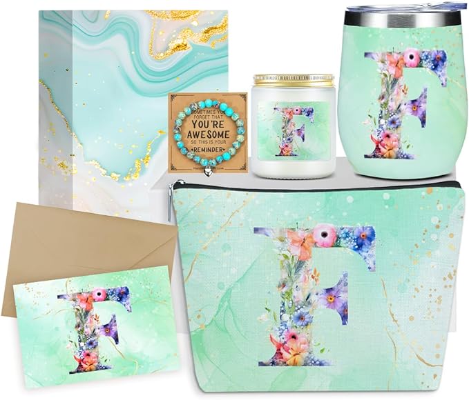 Personalized Gifts Monogrammed Birthday Gifts for Women, Aunt Grandma Retirement Christmas Initial Wine Tumbler Makeup Bag Scented Candle Bracelet Set, (Aesthetic Green Flower F)