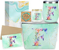 Personalized Gifts Monogrammed Birthday Gifts for Women, Aunt Grandma Retirement Christmas Initial Wine Tumbler Makeup Bag Scented Candle Bracelet Set, (Aesthetic Green Flower F)