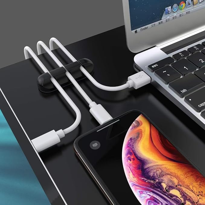 Multi-Purpose Cable Management System, Silicone Wire Organizer Clips Set, Black, 9-Piece Kit with 4 Sizes, Desktop and Office Cable Holder for Charging, Data, Network, Audio Cables