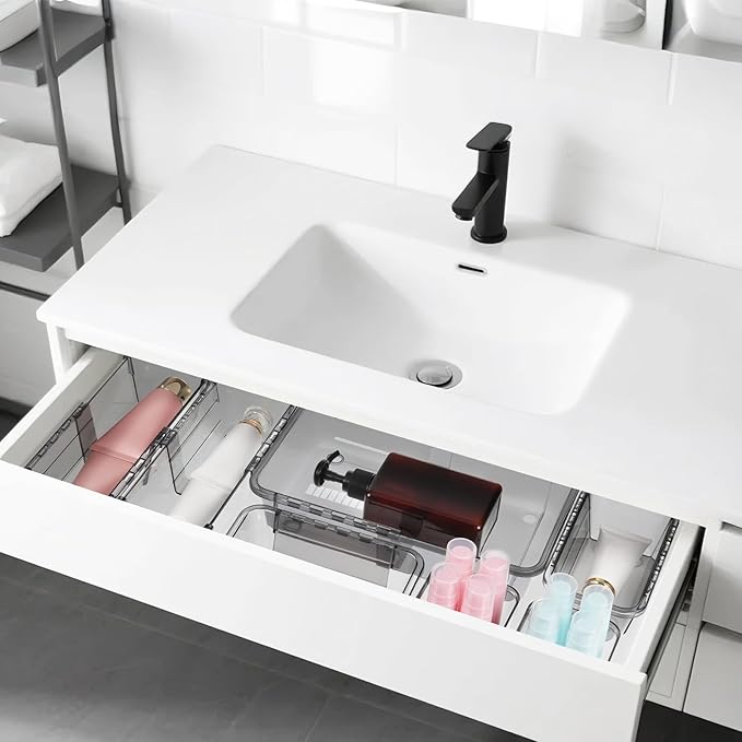 14 PCS Black Expandable Drawer Organizer, 3 Sizes Drawer Organizers and Storage, Vanity Dividers, Acrylic Storage Bins for Makeup, Jewelry Gadgets for Kitchen, Bedroom, Bathroom, Office