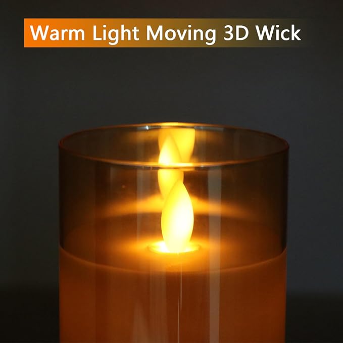 Glass Flameless Candles with Remote Timer, LED Battery Operated Candles with 3D Flickering Wick, Set of 3 Glass and Real Wax Pillar Candle for Halloween Christmas Wedding Home Decor