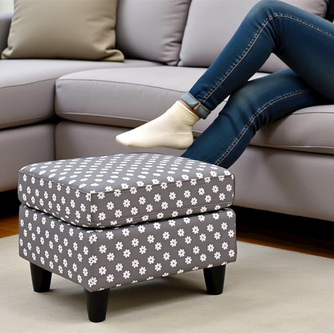 Furnifact Gray Upholstered Ottoman Foot Rest with Daisy Print and Toss Pillow – Mid Century Accent Ottoman Chair for Bedroom or Living Room Decor