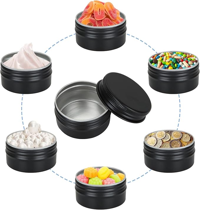 Acrux7 50 Pack 1oz Black Tins with Lids, 30 ml Aluminum Screw Top Tin Containers, Round Lip Balm Tins, Small Metal Storage Travel Tin Cans for Salves, Candles, Cream, Cosmetics, Spices (Black)