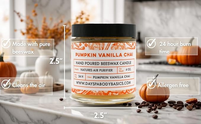 Pumpkin Vanilla Chai Hand-Poured Beeswax Candle - All-Natural, Cotton Braided Wick, Chemical Free, Smokeless, Cleans Air, Non-Toxic, Non-Polluting, Non-Allergenic, Made in USA