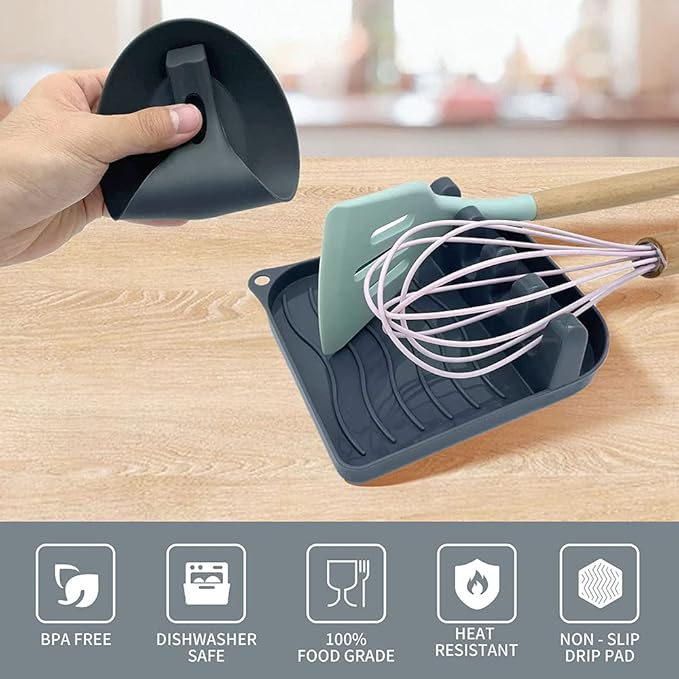 2 Pack Multiple Utensil Spoon Rest with Drip Pad Non-Slip Heat Resistant Kitchen and Grill Spoon Holder for Spatula, Ladle, Tongs, Kitchen Gadgets, and Cooking Accessories (Silver Gray)