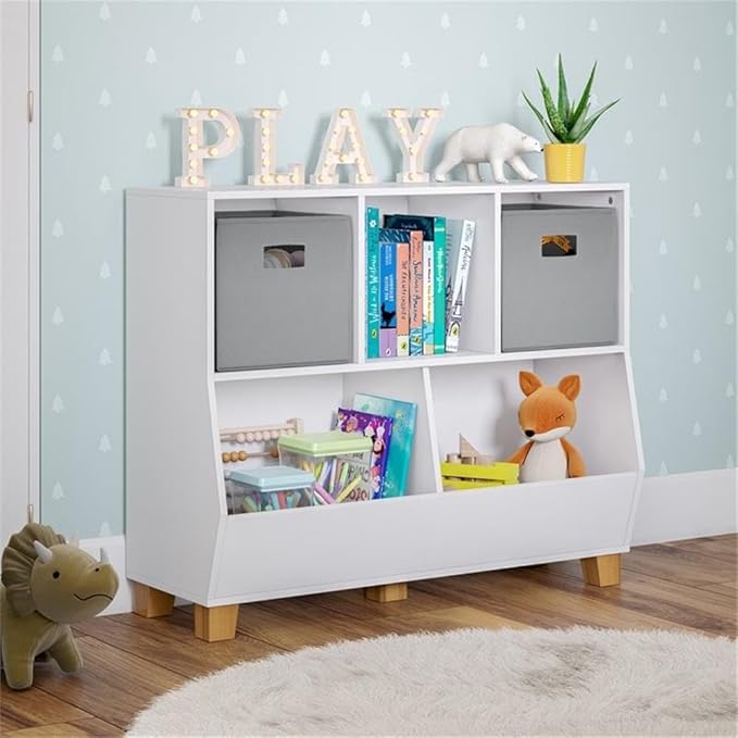RiverRidge Catch-All Kids Toy Organizer with 3 Cubbies and 2 Storage Bin Compartments - 35 Inch Wide White Kids Room Decor Toy Organizers and Storage Bins
