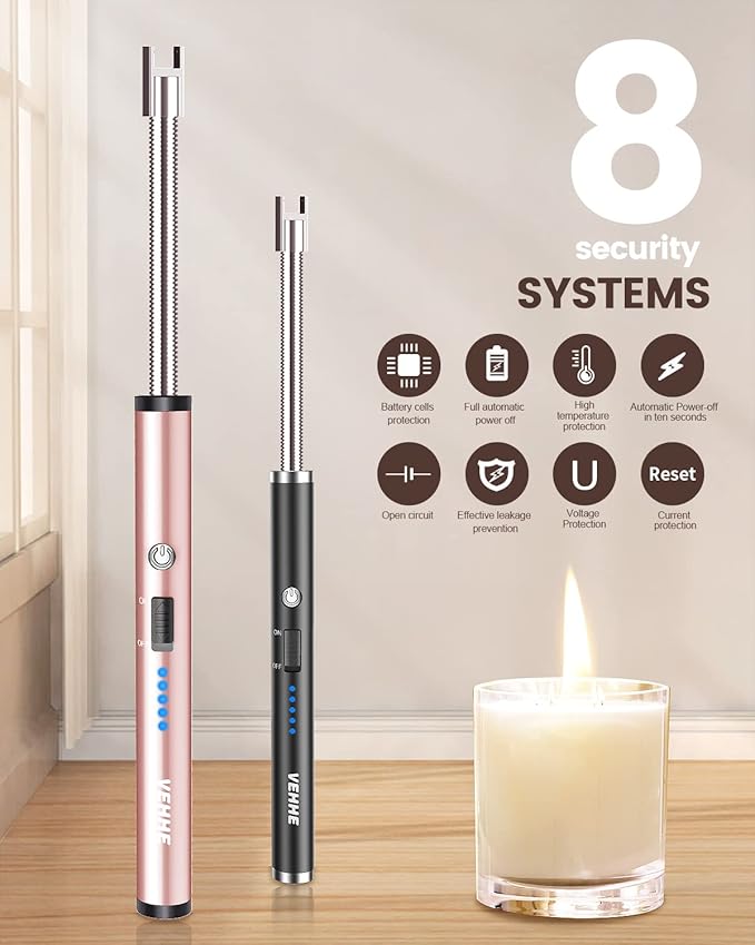 VEHHE Candle Lighter, 2 Pack Rechargeable Electric Lighter with LED Battery Display Safety Switch, Flexible Neck USB Lighters for Candles Camping Grill Gas Stoves Cooking (Black & Pink)