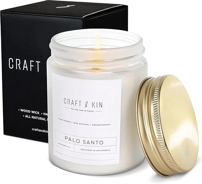Craft & Kin Palo Santo Scented Candle | 8 Oz 45 Hour Long Lasting | Classic Soy WoodWick Winter Candles | Made with Natural Soy | Holiday Candles Gifts for Men and Women