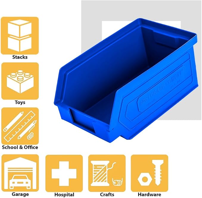 24 Pack Small Storage Bin, Wall Mount Storage, Hanging and Stacking Bin, Freestanding | 7” x 4” x 3” Plastic Container | Blue | Zeus 1PLZ04 | StorageCompat