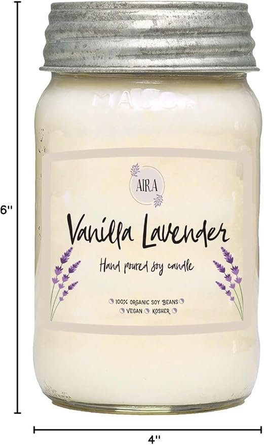 Aira Soy Candles - Organic, Kosher, Vegan, in Mason Jar w/Therapeutic Grade Essential Oil Blends - Hand-Poured 100% Soy Candle Wax - Paraffin Free, Burns 110+ Hours -Vanilla Lavender Scent -16 Ounces
