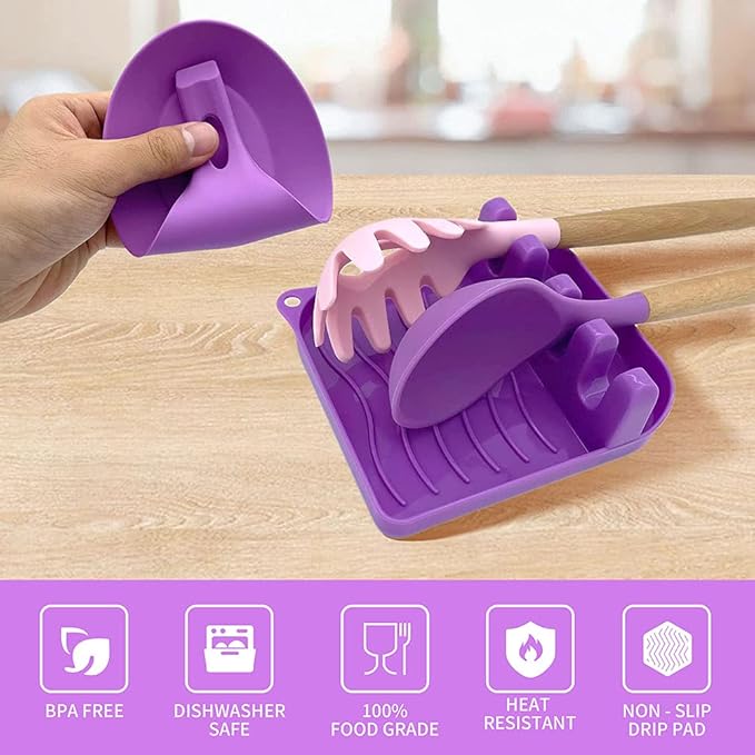 2 Pack Multiple Utensil Spoon Rest with Drip Pad Non-Slip Heat Resistant Kitchen and Grill Spoon Holder for Spatula, Ladle, Tongs, Kitchen Gadgets, and Cooking Accessories (Noble Purple)