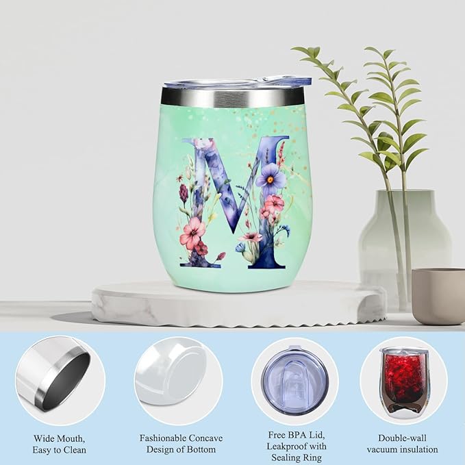 Personalized Gifts Monogrammed Birthday Gifts for Women, Her, Teacher Mother in Law Wedding Christmas Initial Wine Tumbler Makeup Bag Scented Candle Bracelet Set, (Aesthetic Green Flower M)