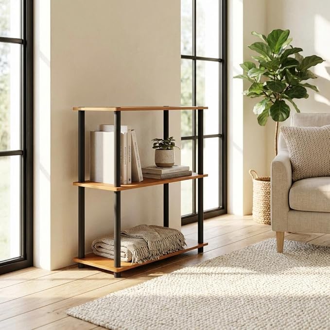 Furnifact Light Cherry Black Bookcase with Modern Design, Sturdy Wood Construction, Single Piece for Home Office, Living Room, or Study Space