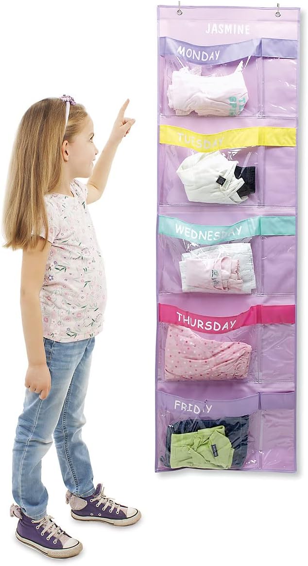 Lillian Vernon Pastel Colors Days Of The Week Hanging Clothing Organizer – Personalize With Name, Weekly Monday-Friday Over Door Weekday Kids Clothes Storage System, Sturdy Pastel Poly, 19-1/2" x 62"