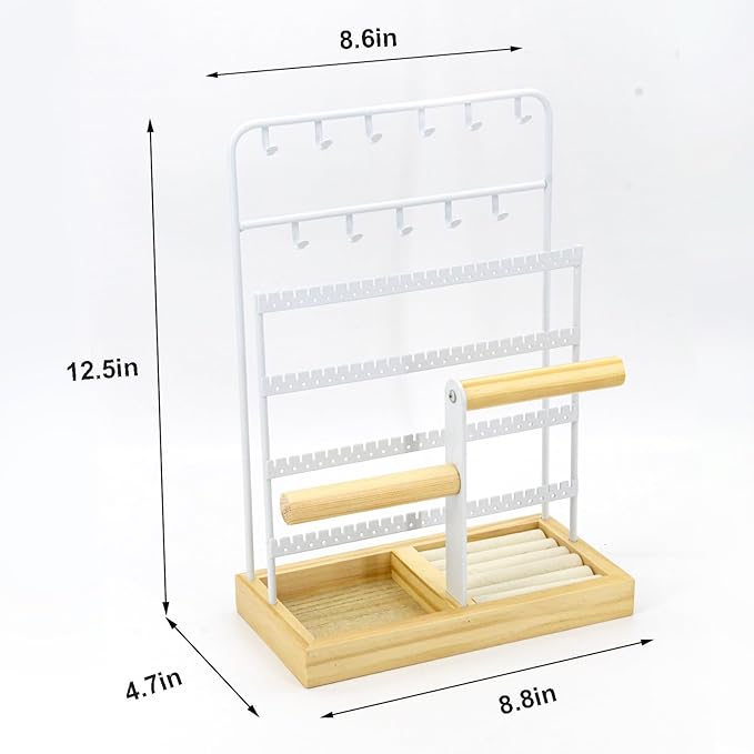 Jewelry Holder Organizer Stand 4-Tier Necklace Stand Earring Holder with Wooden Tray, Jewelry Rack for Bracelets Watches and Rings Display Stand, Gifts for Women & Girls-White
