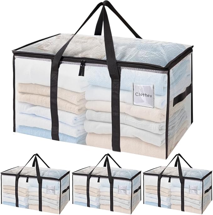 SINLAND 4 Pack Extra Large Heavy Duty Moving Bags with Strong Zippers, Reinforced Handles and Tag Pocket, Packing Totes Supplies for College Dorm Room, Packing Bags for Saving Space(Semi-Transparent)