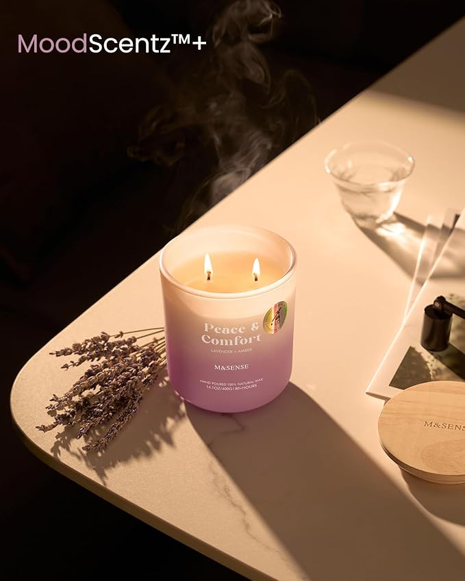 M&SENSE Lavender Amber Candle for Home Scented, 14.1oz Non Toxic 80 Hours Long Lasting Natural Soy Wax Aromatherapy Candle for Spiritual Healing & Stress Relief Gifts for Spa Yoga Meditation